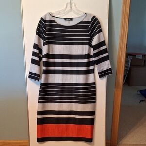 Calvin Klein Black and White Striped Dress with Orange Hem